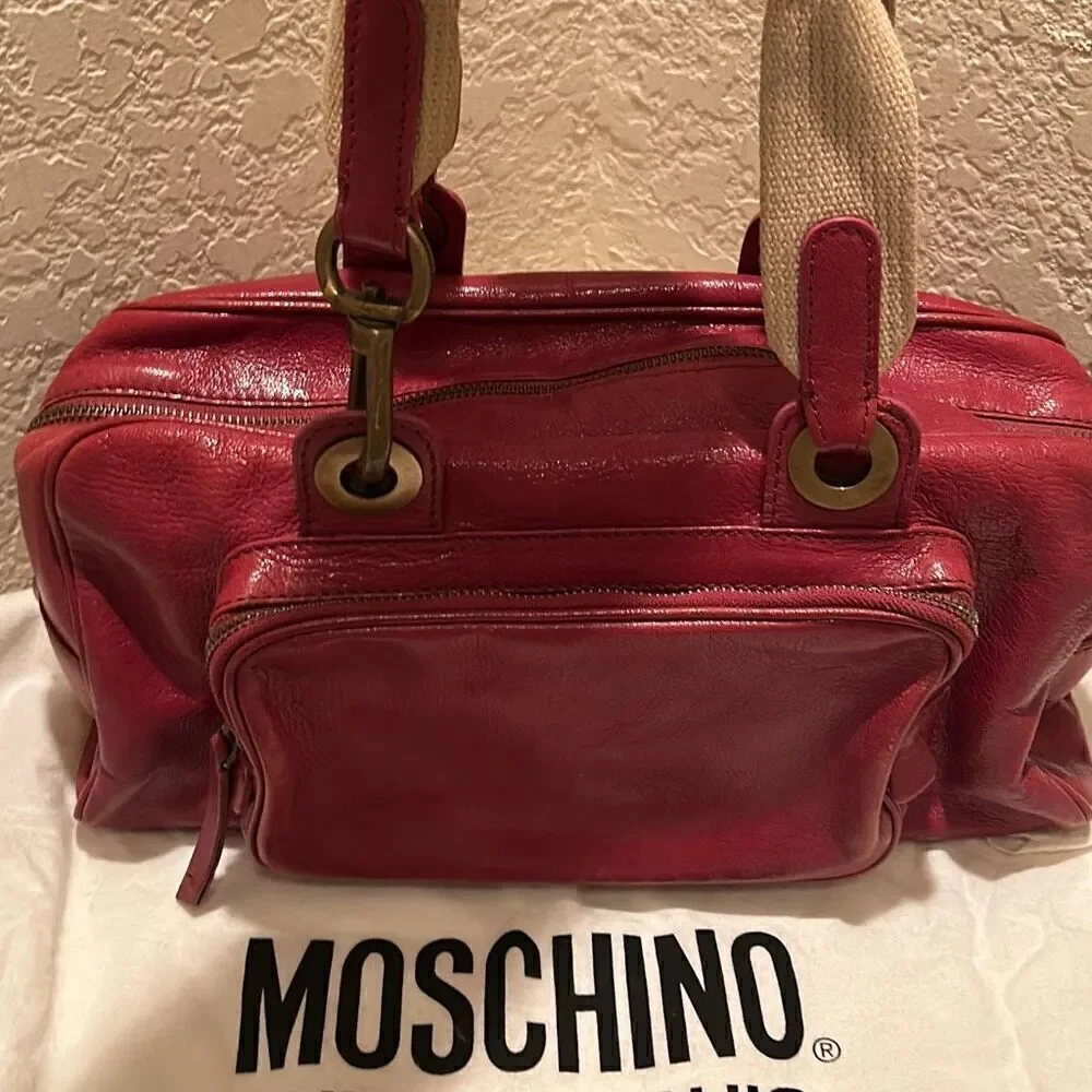Moschino Top Handle Travel Tote Bag Deep Pinkish Red Leather Gold Hardware